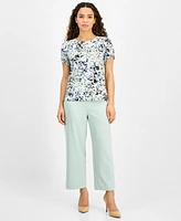 Ak Anne Klein Petite Printed Tulip-Sleeve Scoop-Neck Top