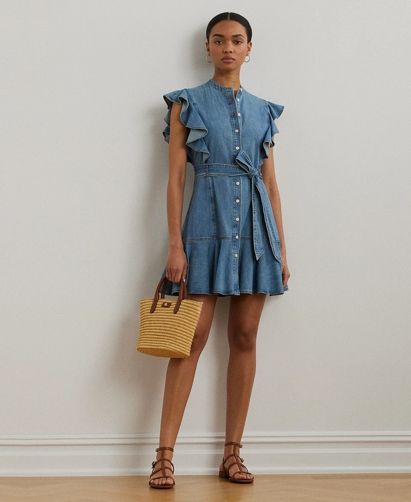 Lauren Ralph Lauren Women's Belted Denim Flutter-Sleeve Shirtdress