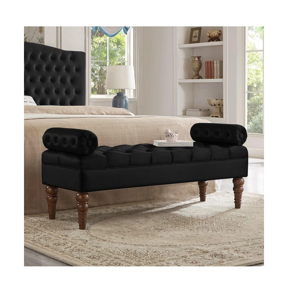 Velvet Tufted Bench for Bedroom, Living Room & Entryway, Window with Spindle Wooden Legs-The Pop Home