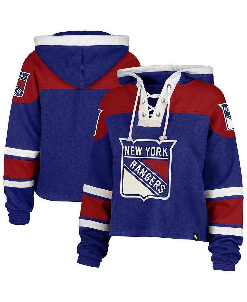 47 Brand Women's Blue New York Rangers Cropped Superior Lacer Pullover Hoodie