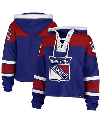 47 Brand Women's Blue New York Rangers Cropped Superior Lacer Pullover Hoodie