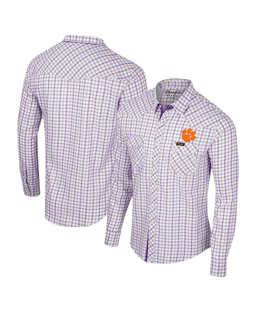 Colosseum Men's White Clemson Tigers Plaid Windowpane Long Sleeve Full-Snap Shirt