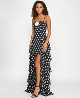 City Studios Juniors' Dot Print Ruffled High-Low Chiffon Gown