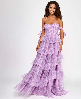 Say Yes Juniors' Floral-Print Tiered Off-The-Shoulder Ball Gown, Created for Macy's