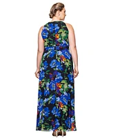 Betsy & Adam Plus Floral-Print Halter Gown