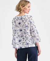 Charter Club Petite Printed Linen Boat-Neck Top, Exclusively at Macy's