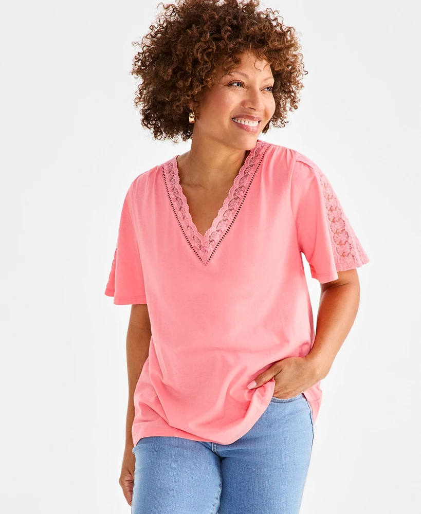 Style & Co Petite Lace-Trimmed V-Neck Pullover Top, Exclusively at Macy's