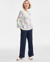 Charter Club Petite Printed Boat-Neck Linen 3/4-Sleeve Blouse, Exclusively at Macy's