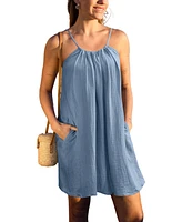 Women's Modern Ease Blue Cover-Up Mini Beach Dress