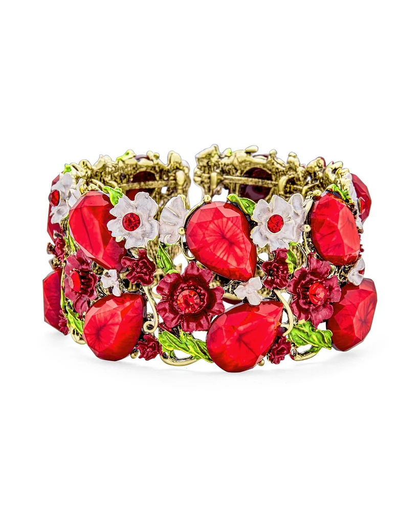 Bling Jewelry Wide Red Crystal Flower Cuff Bracelet in Oxidized Gold Plating Flexible Design