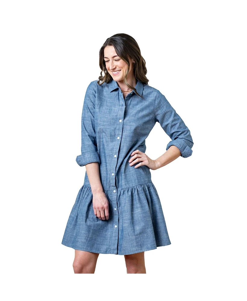 Hope & Henry Women's Organic Chambray Long Sleeve Drop Waist Shirt Dress