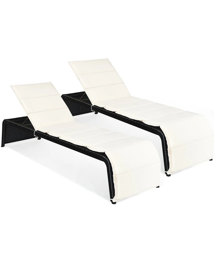 2 Pcs Patio Rattan Lounge Chair Chaise Recliner Back Adjustable Cushioned Garden