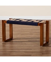 bali & pari Jerilyn Modern Bohemian Two-Tone Navy Blue and Natura Brown Seagrass and Acacia Wood Accent Bench