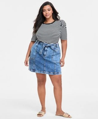 On 34th Trendy Plus Size Striped Puff Shoulder Top Denim Utility Mini Skirt Exclusively At Macys