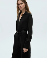 Mango Women's Semi-Transparent Sleeves and Belted Jumpsuit