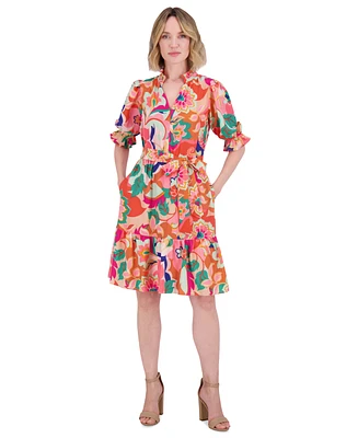 Eliza J Petite Printed V-Neck Elbow-Sleeve Tie-Waist Dress