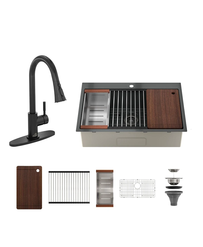 33'' Stainless Steel Kitchen Sink Faucet Set, Kitchen Sink and Pull-Down Kitchen Faucet with Cutting Board, Roller Blind, Drain Basket, Drain Grid and