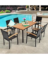 Gymax 7PCS Rattan Outdoor Dining Set Patio Furniture Set w/ Wooden Tabletop