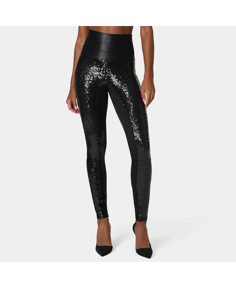 Bebe Women's Satin Elastic Waistband Sequin Legging