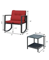 Gymax 3PCS Rattan Rocking Chair Table Set Patio Furniture Set with Cushions