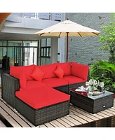 Gymax 5PCS Rattan Sectional Sofa Set Patio Furniture Set w/ Red Cushion Pillow