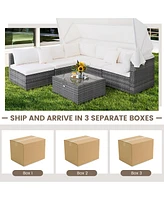 Gymax 6 Pcs Pe Rattan Patio Furniture Set w/ Tempered Glass Table and Retractable Canopy