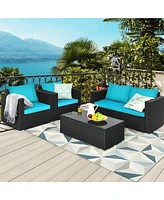 Gymax 4PC Rattan Patio Furniture Set Outdoor Wicker With Turquoise Cushion