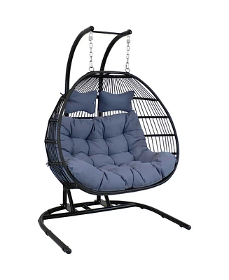 Liza Egg Chair Loveseat with Gray Cushions - Black Polyethylene Wicker Frame with Steel Stand - 76 Inches Tall