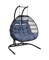 Liza Egg Chair Loveseat with Gray Cushions - Black Polyethylene Wicker Frame with Steel Stand - 76 Inches Tall