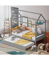 Kids Platform Bed Frame with Roof for Bedroom