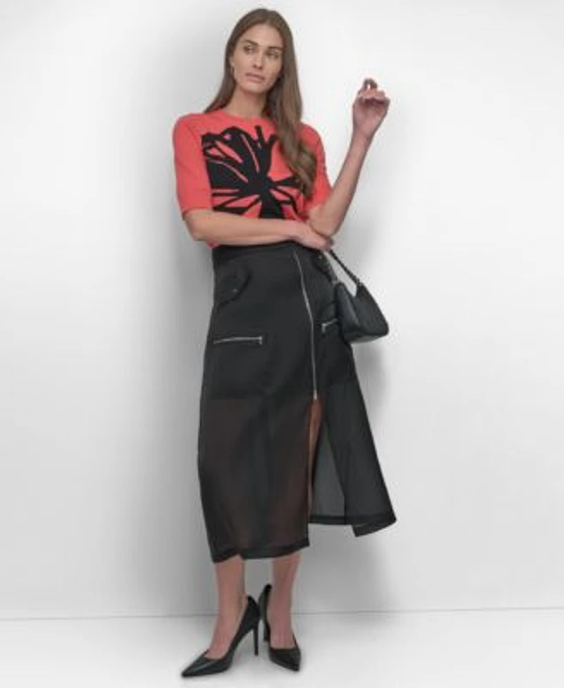 Dkny Womens Floral Jacquard Sweater Organza Midi Skirt