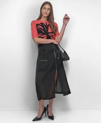 Dkny Womens Floral Jacquard Sweater Organza Midi Skirt