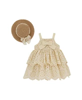 Blueberi Boulevard Baby Girls 2-Piece Linen Layered Sundress and Sunhat Set