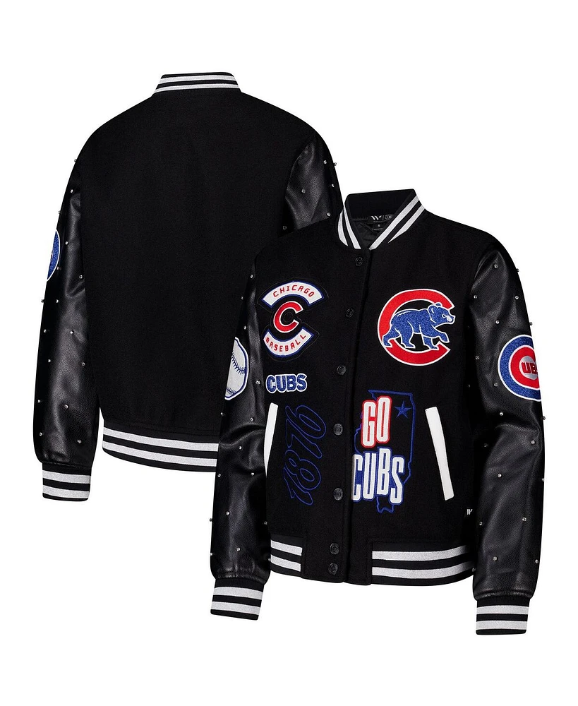 The Wild Collective Women's Black Chicago Cubs Full-Snap Varsity Jacket