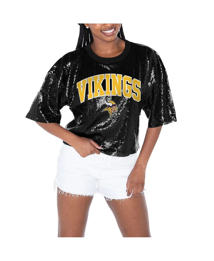 Gameday Couture Women's Black Minnesota Vikings Rise Up Sequin Cropped T-Shirt