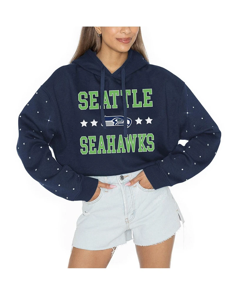 Gameday Couture Women's College Navy Seattle Seahawks Like A Star Scrunch Waist Pullover Rhinestone Hoodie