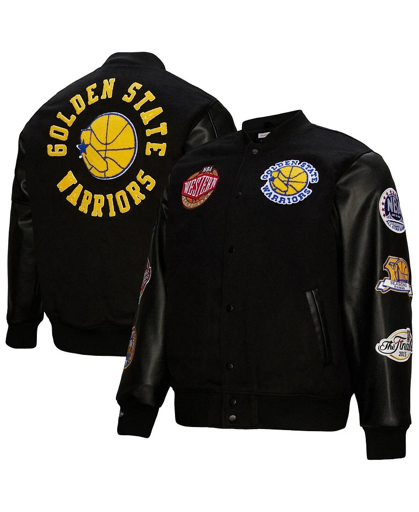 Mitchell & Ness Men's Black Golden State Warriors Hardwood Classics Blackout Collection Full-Snap Varsity Jacket