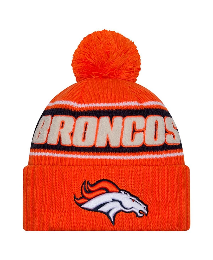 New Era Big Boys and Girls Orange Denver Broncos 2024 Sideline Sport Cuffed Knit Hat with Pom