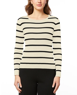 Melissa Paige Petite Women's Scoop Neck Ribbed Striped Sweater