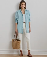Lauren Ralph Women's Oversize Floral-Logo 100% Linen Shirt