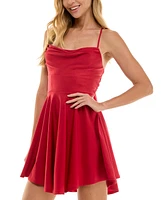 City Studios Juniors' Draped Sleeveless Satin Fit & Flare Dress