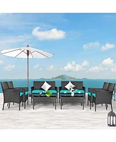 8PCS Patio Rattan Furniture Set Cushioned Sofa Coffee Table Backyard Porch Red
