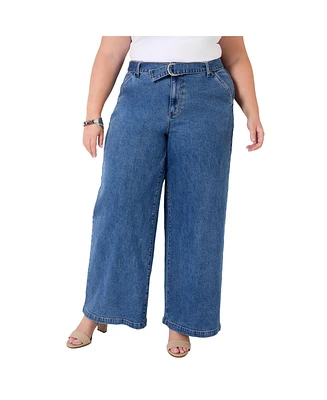 June + Vie Women's Plus Curvie Fit High-Waisted Wide-Leg Jean