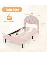 Upholstered Led Bed Frame with Adjustable Flower Headboard and Metal Support Feet