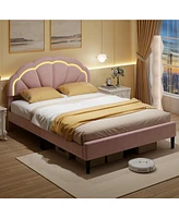 Upholstered Led Bed Frame with Adjustable Flower Headboard and Metal Support Feet