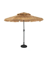 10 ft. Outdoor Double Layer Hawaiian Style Patio Umbrella in Brown with Base and 32-Light Beads