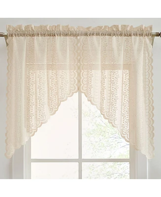 Hlc.me Sophia Floral Rod Pocket Lace Short Cafe Swags for Small Windows - 28 x 36 Inch Length (Taupe Swags, Set of 2)