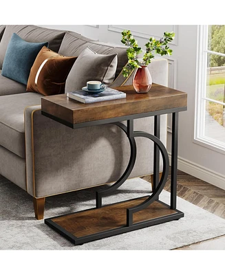 Tribesigns Narrow Side Table, C Shaped End Table Rustic Bedside Table Small Side Table for Couch