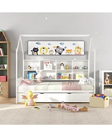 Kids Montessori Daybed with Roof and Shelf Compartments