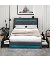 Bed Frame with Led Lights Wingback Headboard and Charging Station